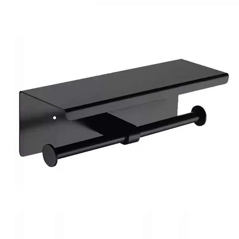 Bathroom stainless steel double black tissue roll toilet paper holder with shelf