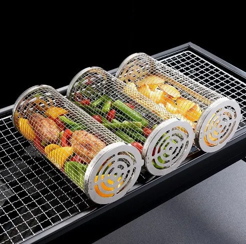 Stainless Steel Rolling Cooking Grill Grate, Outdoor Charcoal BBQ Grid, Round Grilling Basket with Removable Mesh Cover