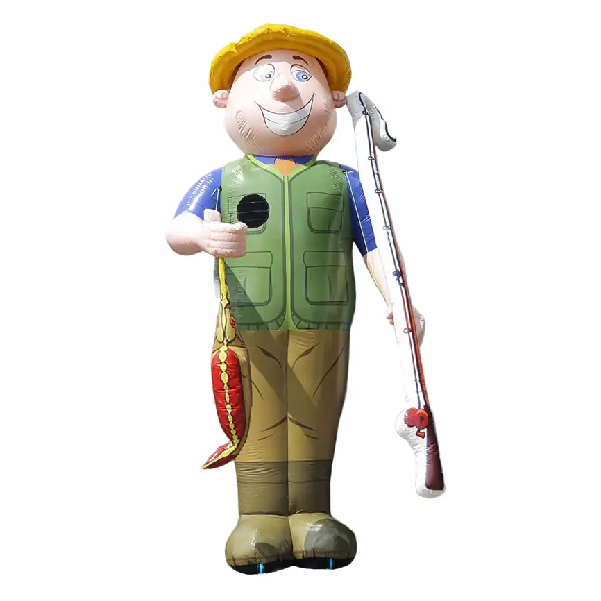 Popular  Durable PVC material Netherlands inflatable Abraham fisherman holding fishing rod and carp for fishing lovers