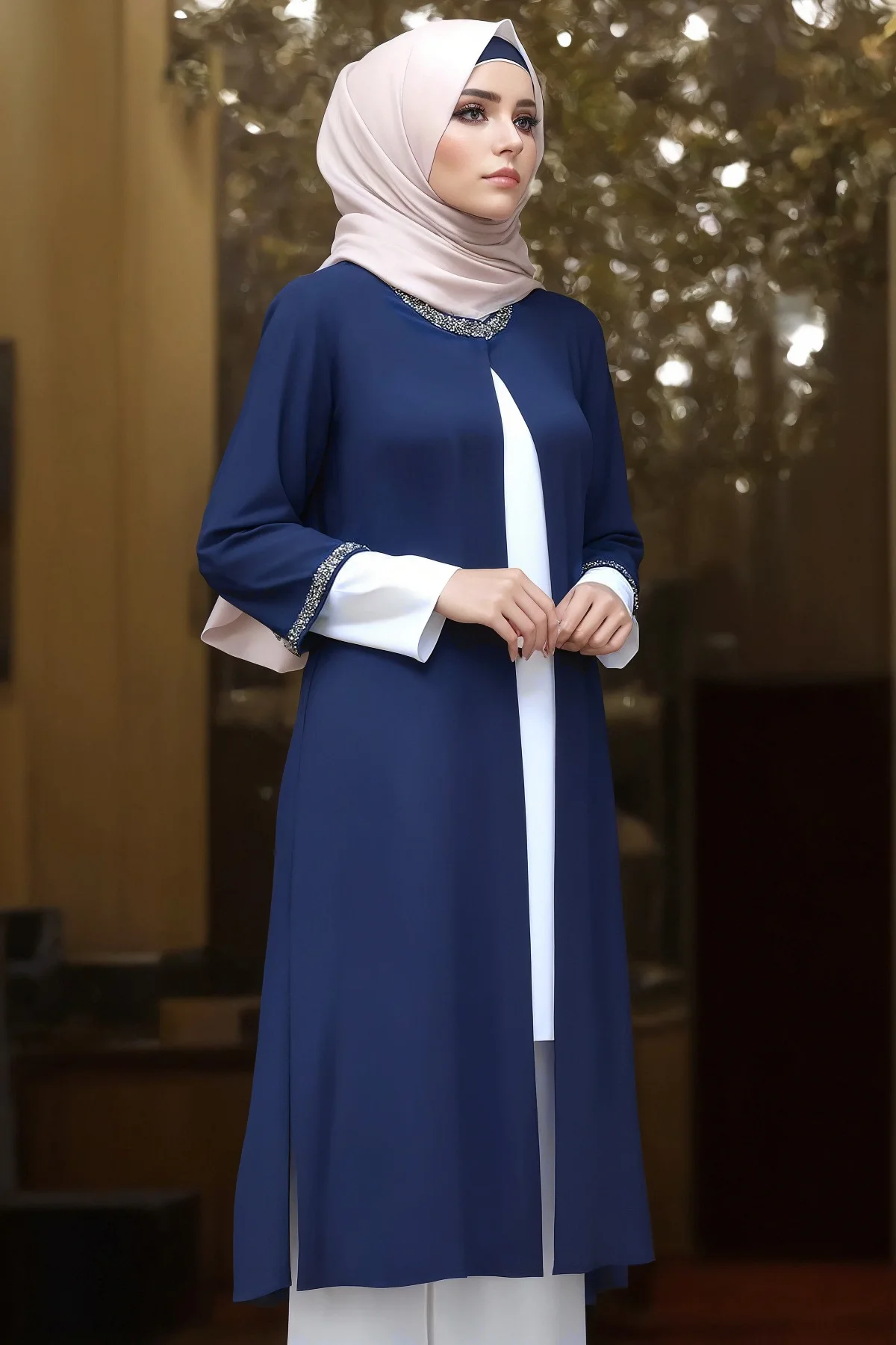 Dubai Islamic Fashion Muslim Soft Cardigan Women Muslim Abaya Round Neck Long Sleeve Dress Plus Pants 3 Piece