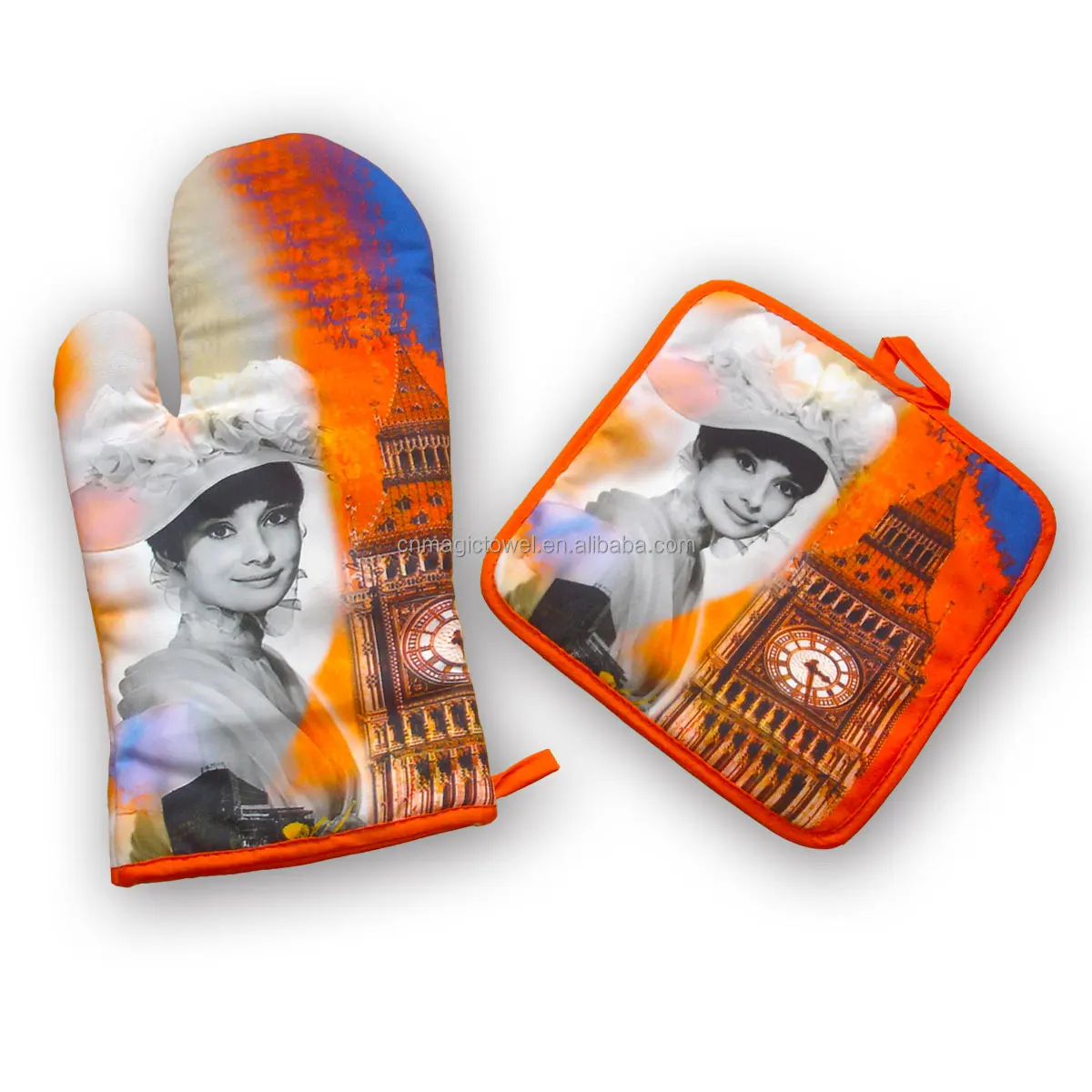 100% cotton custom design full color digital printed kitchen oven glove mitt heat resistant pot holder set cotton oven mitts