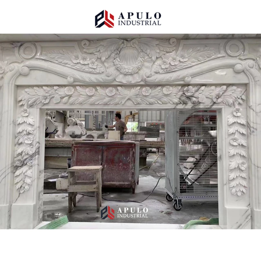 Two Tiers Natural Stone Carving Cultured Surround Black White Beige Electric Marble Slab Fireplace Mantel Griotte With Cherub