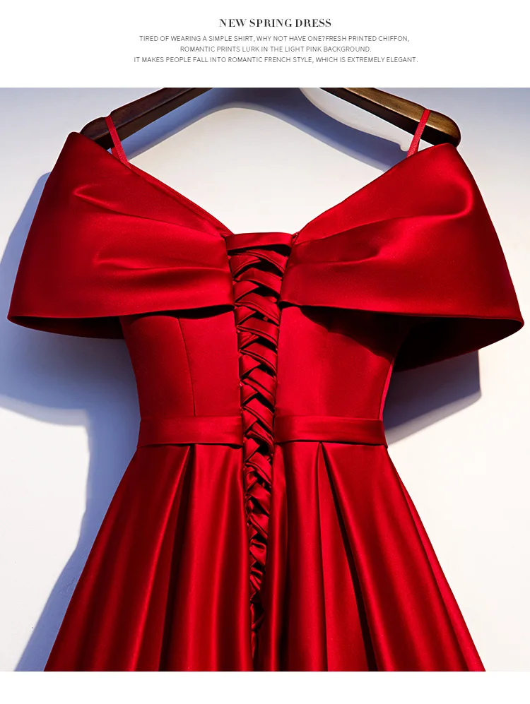 deep-v off shoulder A line red satin pleat elegant ethos slim prom dresses evening dress