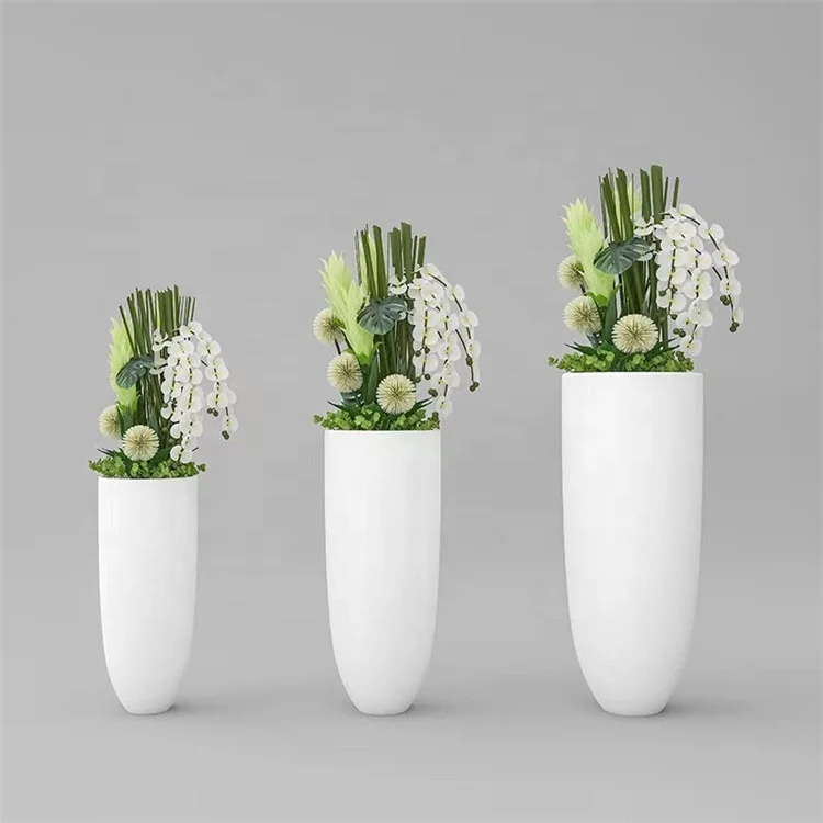 Chinese Home Garden Big Round Shape Fiber Glass Standing Planter White Resin Tall Floor Pots