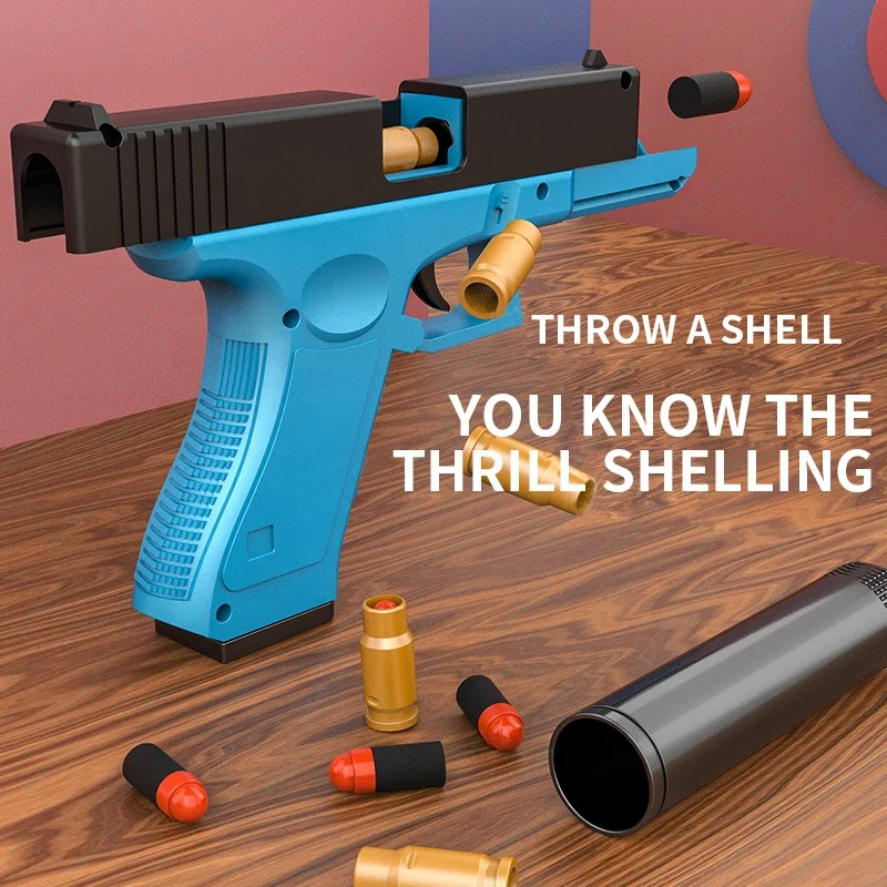 Qilong 2022 New Outdoor Indoor Foam Bullets Gun Toy G18 Shell Ejection Super Gun With Suppressor Pistol Manual Toy Guns For Boys