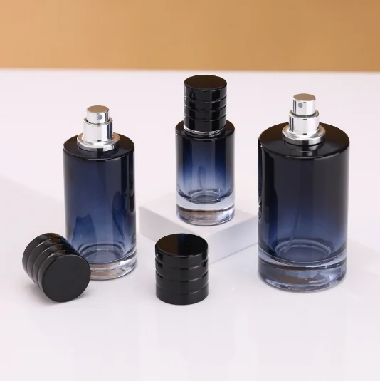 Homay 25ml 50ml 100ml gradient blue crimp finished men perfume glass bottle with black magnet cap