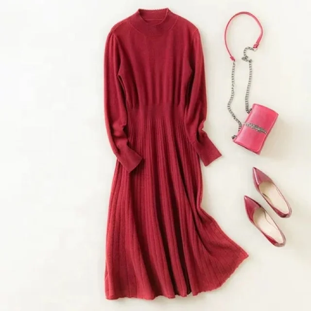 Korea style 100% wool dress long length knitted wear for women