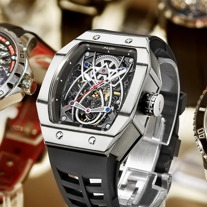 JINLERY Mechanical Watch Richard Wine Barrel Carbon Fiber Spider King Fluorescent Luminous Mechanical Watch