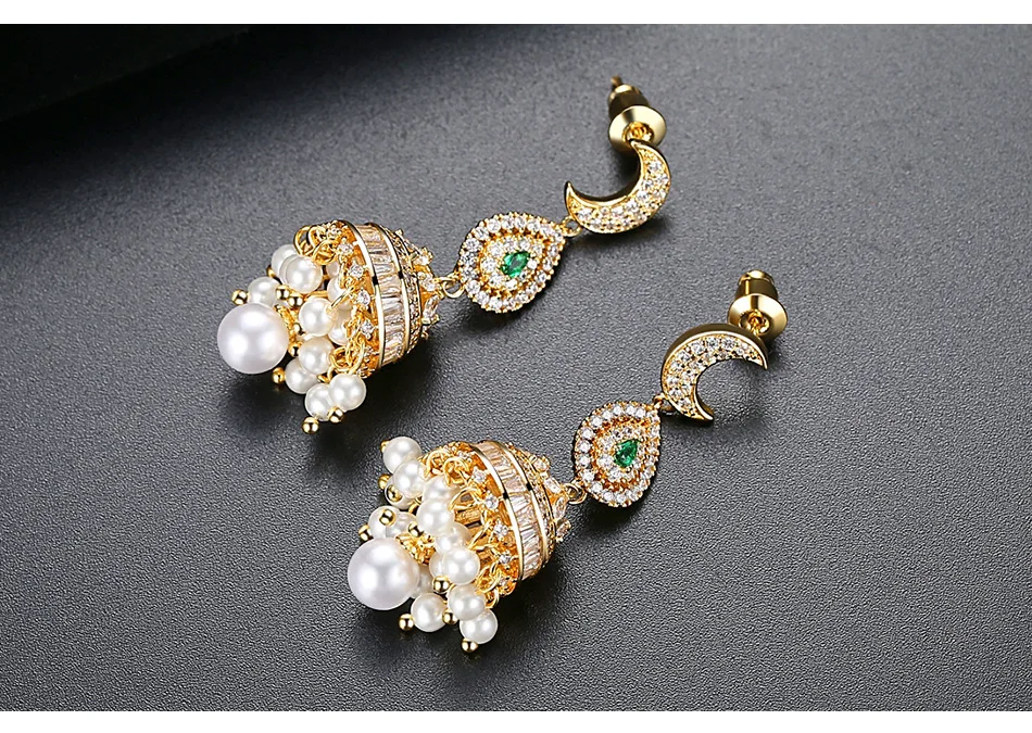 E-2017100514 Sale Well Gold Plated Long Drop Moon Water Drop Zircon Stud Earrings