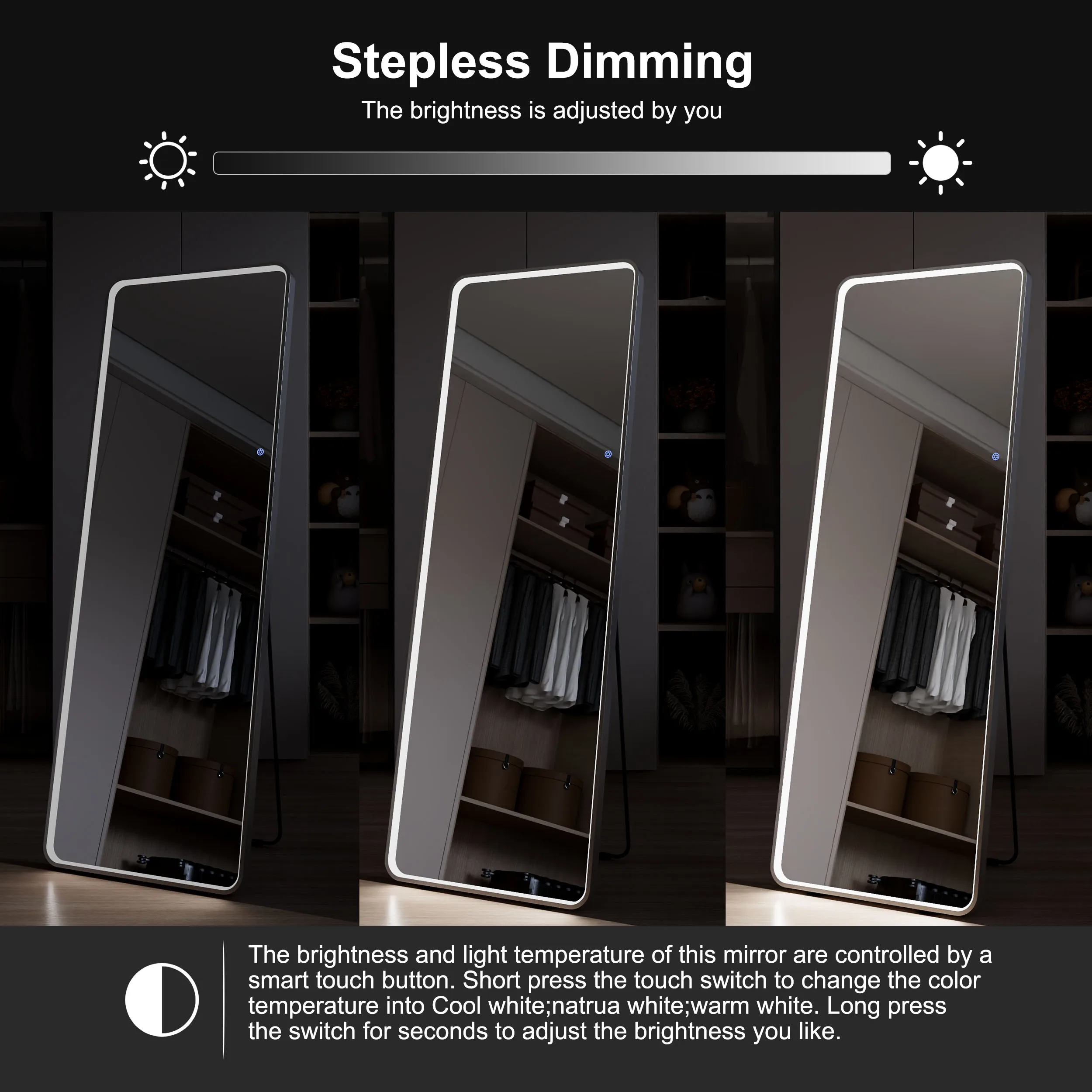 3 Color Dimmable Lighting Aluminum Frame Large Size Salon Body Dressing Full Length With Led Light Floor Standing Mirror