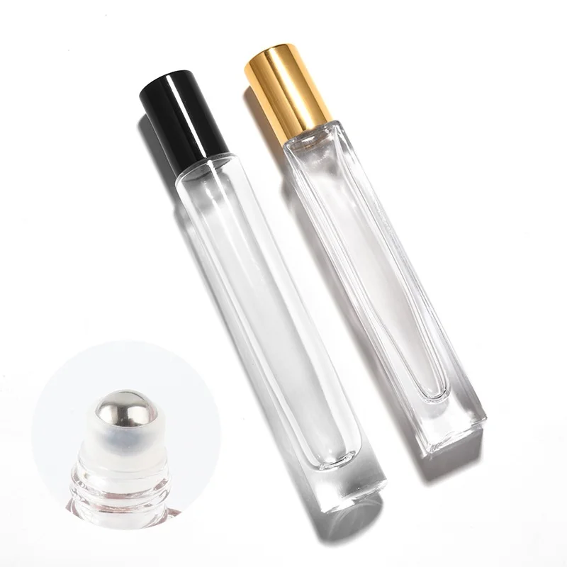 High Clear Slim Thick Round 10ml Roll On Glass Bottle Square Perfume Oil Bottles with Gold Silver Cover Lid