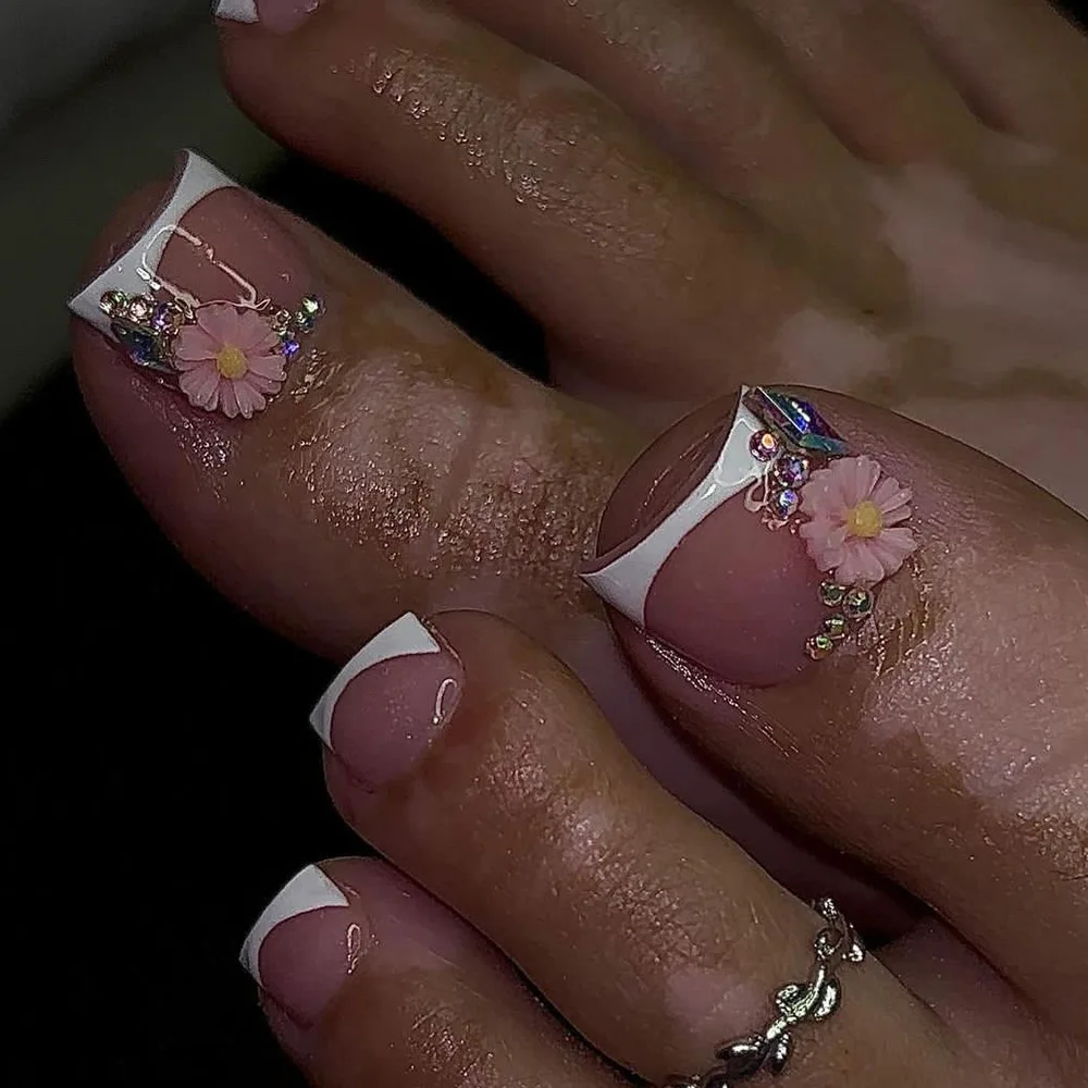 Short Nails Press On Artificial Foot Nails Custom French Tips Glazed Toenails Short Square Press On Toe Nails
