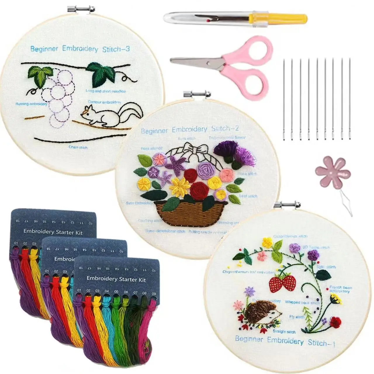 3pcs Embroidery Round Cross Stitch Kit Sewing Craft Kit DIY Embroidery Set for Beginners