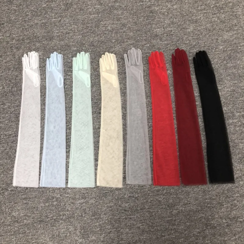 2021 Long Tulle Wedding Bride Gloves Fashion Purple Blue Transparent Ultra Thin Mitten Bridal Elbow Long Gloves