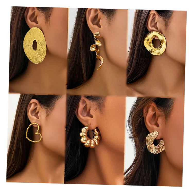 1 Pairs Exaggerated French Disc Metal Large Gold Earrings Simple Irregular Texture Earrings Fashion Jewelry Earrings for Women