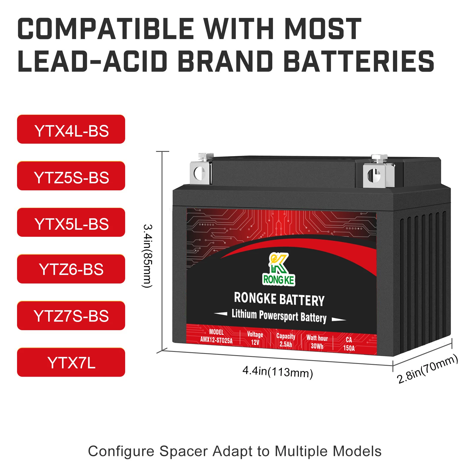 12V 2.5Ah Lithium YTX4L-BS Powersports Motorcycle Battery with Smart BMS, 150CA Compatible Motorcycle, Honda, Suzuki,