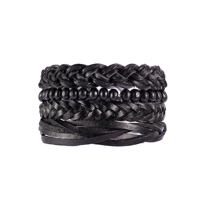 Wholesale Retro multi-layer cowhide stacking bracelet ethnic style jewelry black twist woven leather three-piece bracelet
