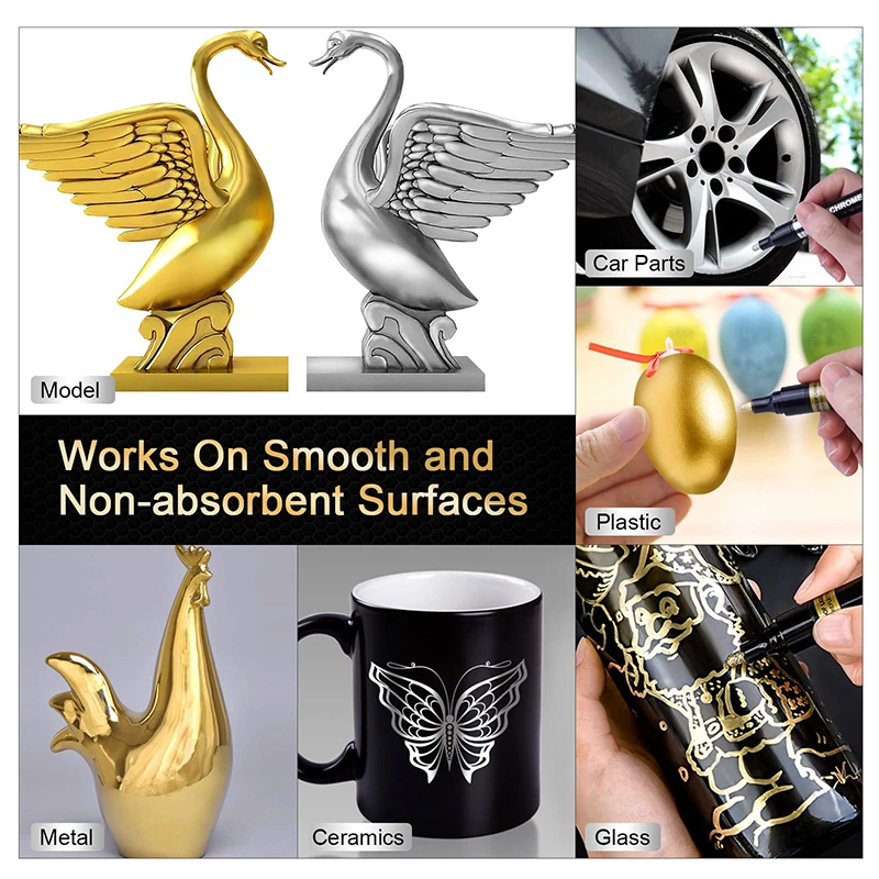 6Pcs Liquid Mirror Chrome Markers Silver & Gold Oil-based Permanent Chrome Mirror Paint Pens for  Marking or DIY Art Projects