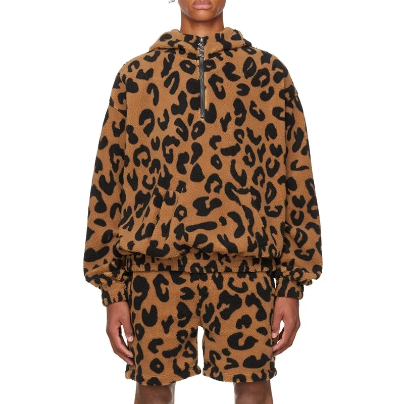 Custom men two pieces half zip men teddy borg fleece shorts leopard printed hoodies sherpa hoodies two pieces set