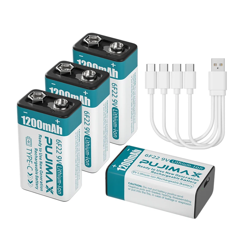 PUJIMAX Высокая емкость usb c 9 В литий-ионный аккумулятор перезаряжаемый аккумулятор 9 В 1200 мАч 1 шт. Тип c литий-ионный аккумулятор зарядное устройство с кабелем