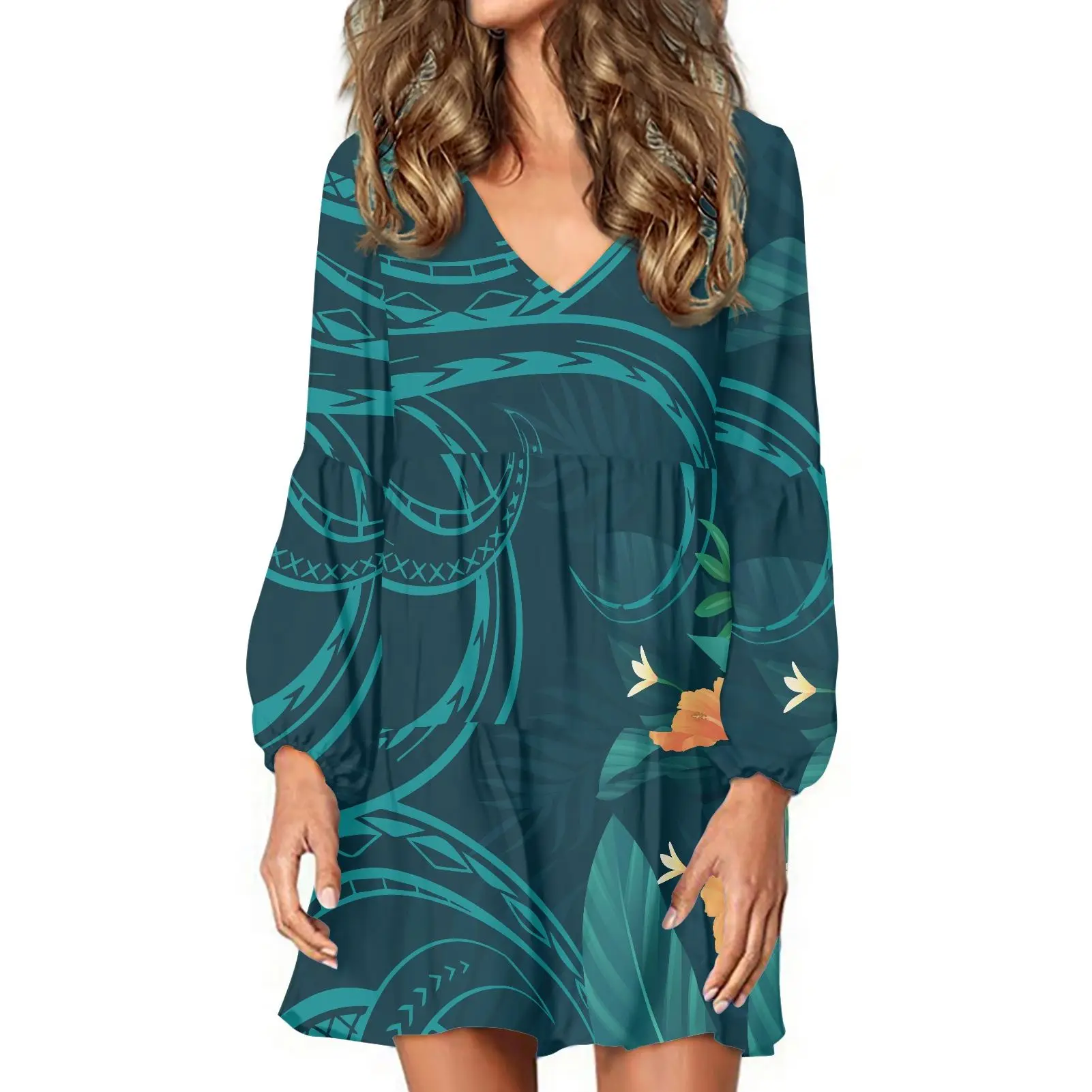 Turquoise Hawaiian Hibiscus Polynesian Tattoo Print Cute Babydoll Long Sleeve Casual V Neck Loose Mini Ladies Clothes Dresses