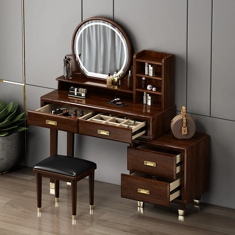 Makeup desk Modern LED Light mirror Luxury vanity Wooden Storage cabinet dressing Table Set Bedroom Furniture Dressers