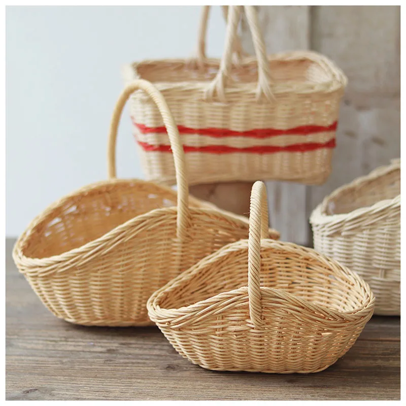 Multi-Colored Handmade Mini Handle Flower Basket Wicker Outdoor Food Basket