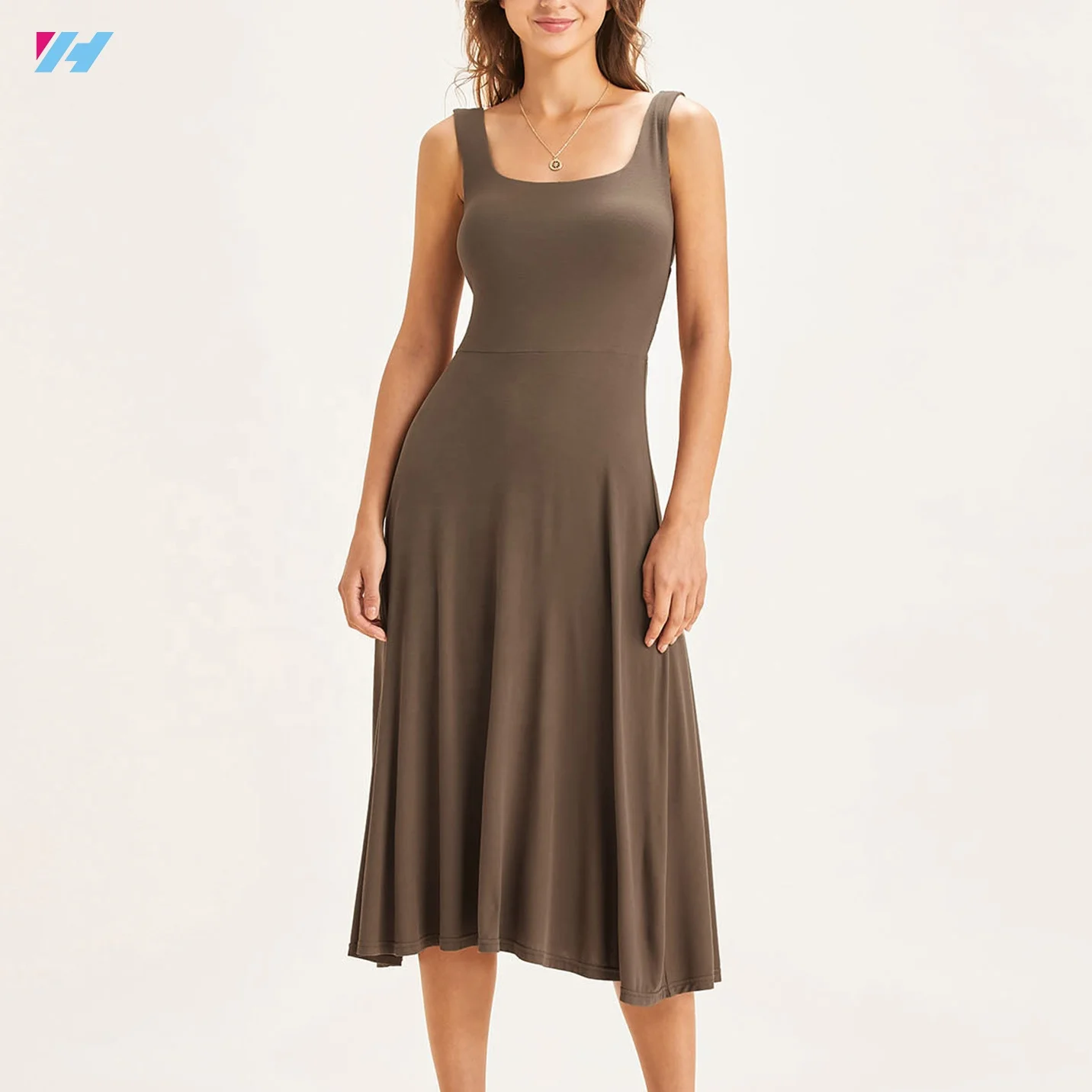 Оптовая продажа, летнее женское Элегантное трикотажное платье миди с рюшами, длинное платье-майка для женщин