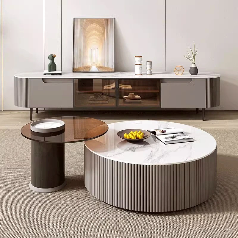 High End Living Room Furniture Design TV Stand And Coffee Table Set Oval Shape Modern Wood TV Display Cabinet
