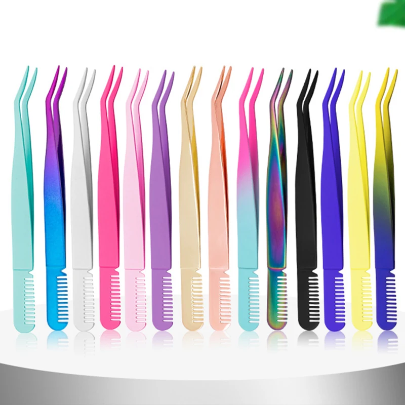 Custom Logo Colorful High Quality Long Eyelashes Tweezers With Comb Private Label Eyelash Applicator