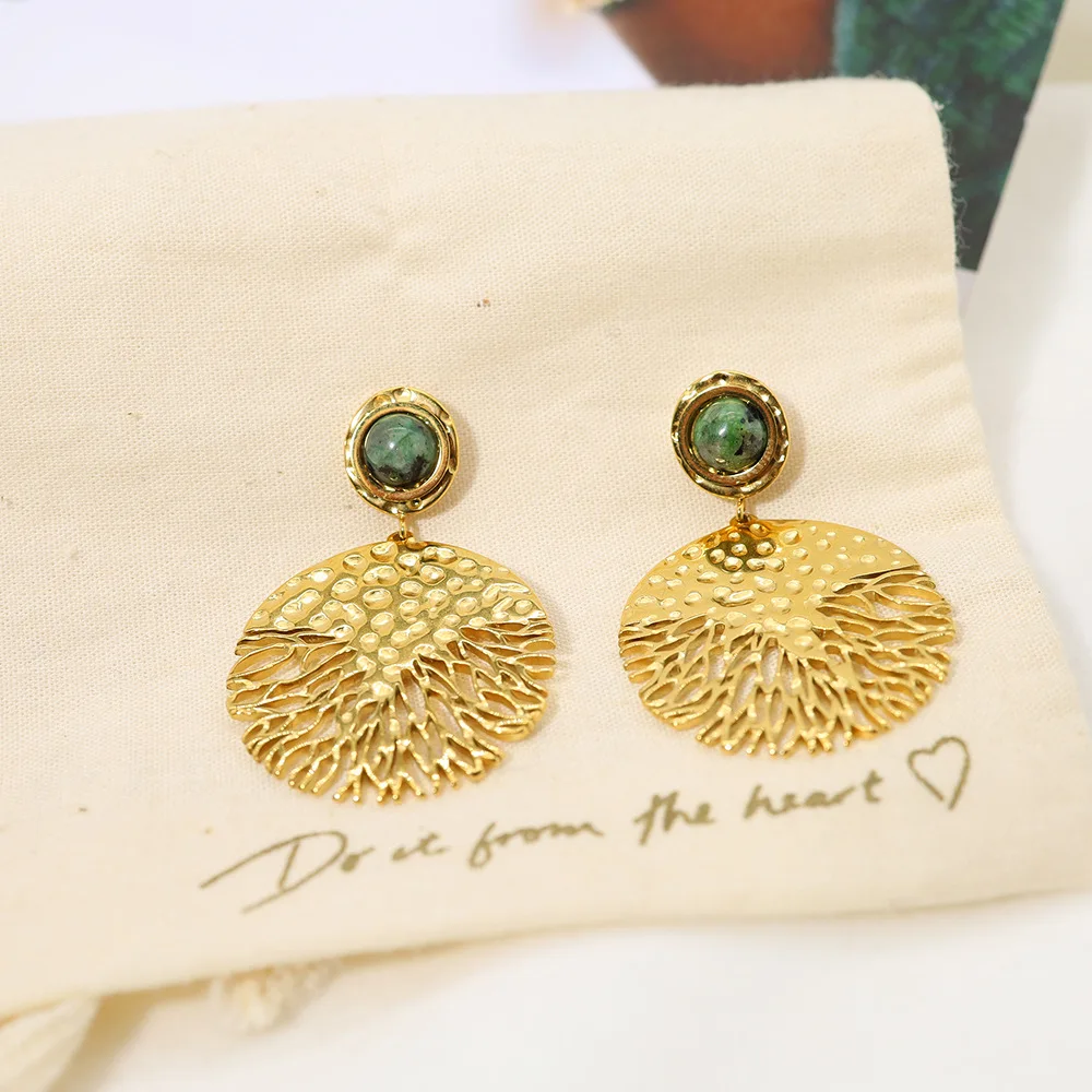 Vintage Ethnic Natural Stone Titanium Steel Stud Earrings 18K Gold Hammered Texture Exaggerated Personalized Women Earrings