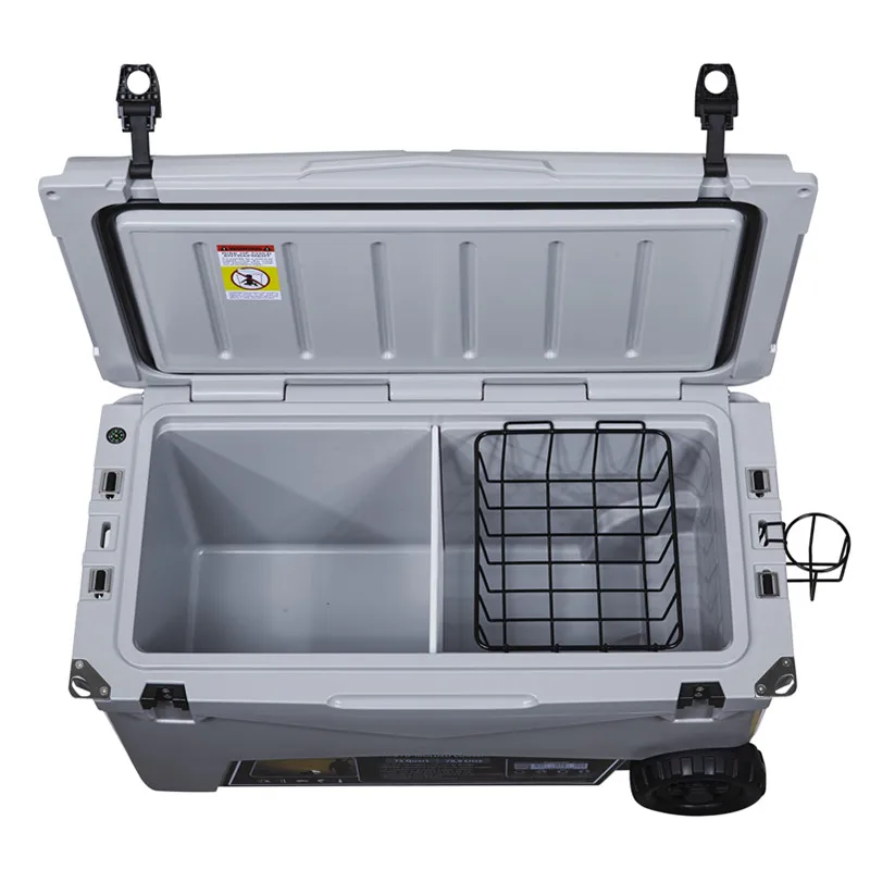 new design 70qt with wheels camping and fishing water rotomolded ice chest cooler box, cool box with bottle opener