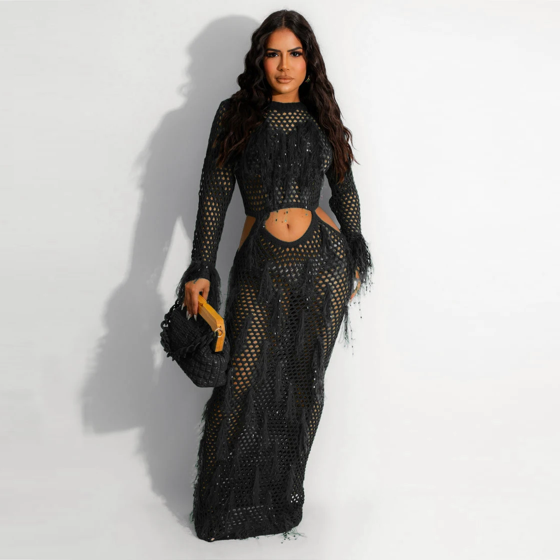 Bestwayclox 2024 New Arrival Crochet Sexy Cut-Out Mini Beach Skirt Handmade Knitted Long Dresses Hollow Faux Mink Fringed OEM