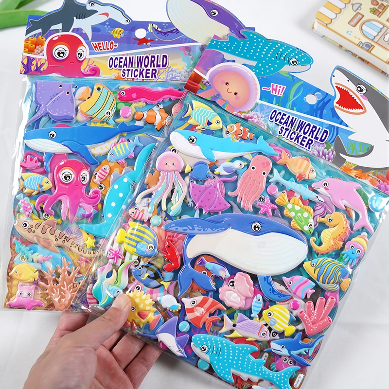 SHANLE Wholesale Double-Layer Ocean World Puffy Sticker Cartoon Sea Animal Fish Whale Shark Dolphin Deco 3D Foam PVC Sticker