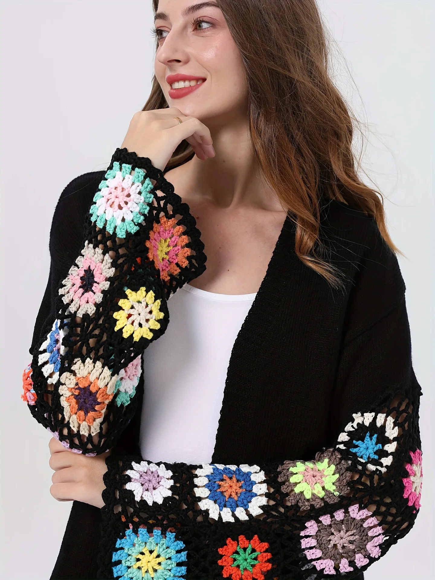 Flared Sleeve Hook Flower Cardigan Sweater For Ladies Casual Style Knit Jacquard Pattern Knitwear