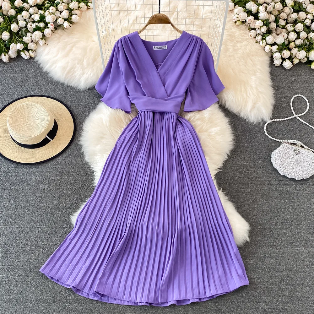summer short sleeve evening Vintage V neck dress fashion Casual pleat high waist dresses for women