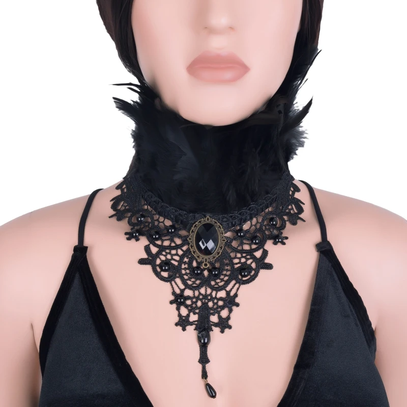 Women Feather Adjust Role Play Feather Collar Black  Neck Choker Lingerie Halloween Festival Carnival Gifts Feather Lace Up