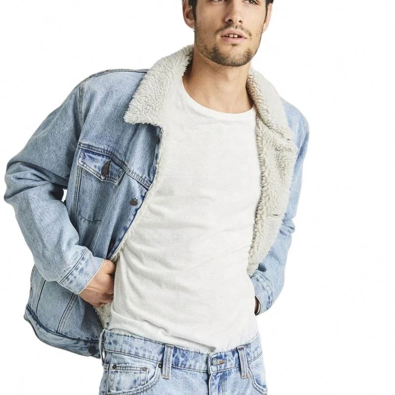 High quality Plain Washed mens sherpa fleece denim jeans jacket