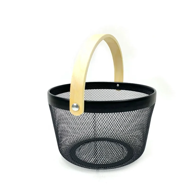 Metal wire fruit vegetable storage basket kitchen bamboo handle basket