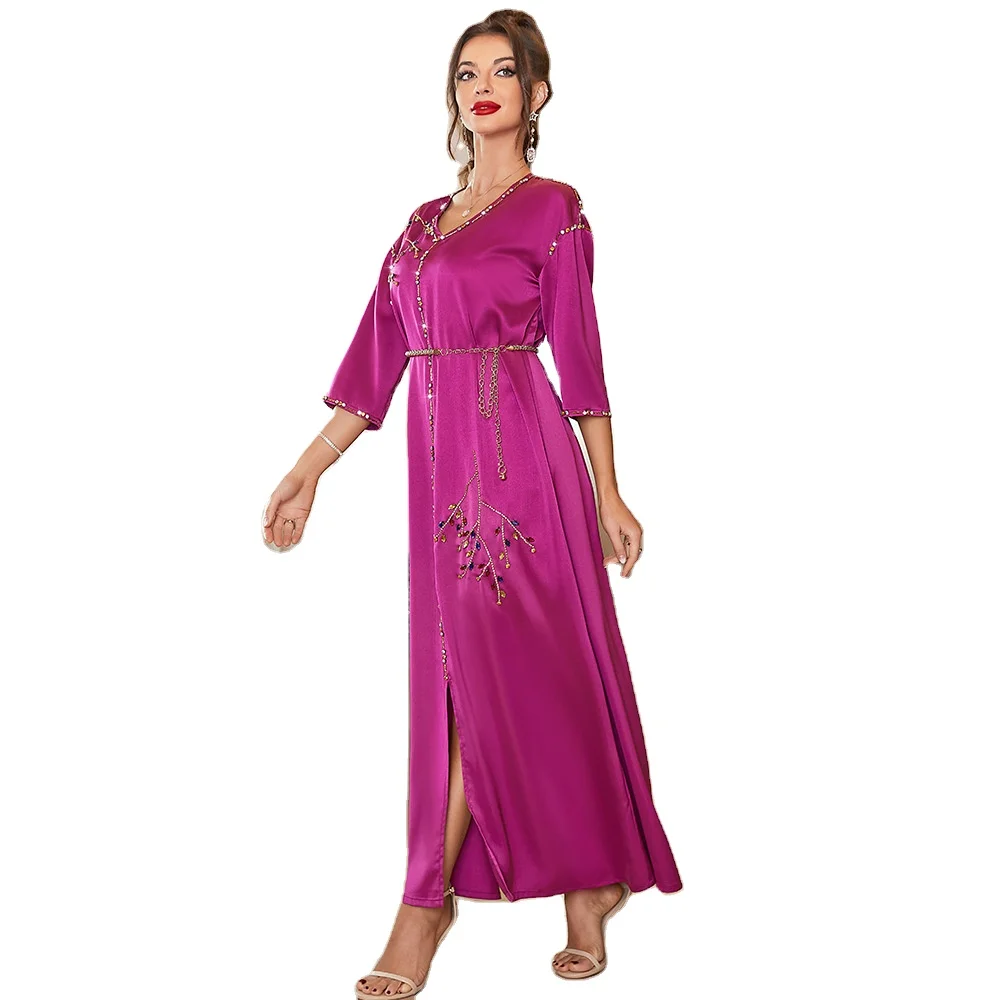 China Guangdong Abaya Manufactures One Station Servise Red Color Satin Fabric Decoration With Crystal Work Abaya For UAE USA