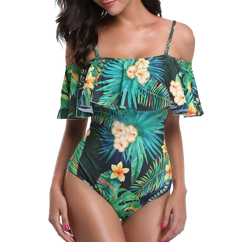 Женский слитный купальник, винтажные купальные костюмы с открытыми плечами и оборками, женский купальник, бикини
