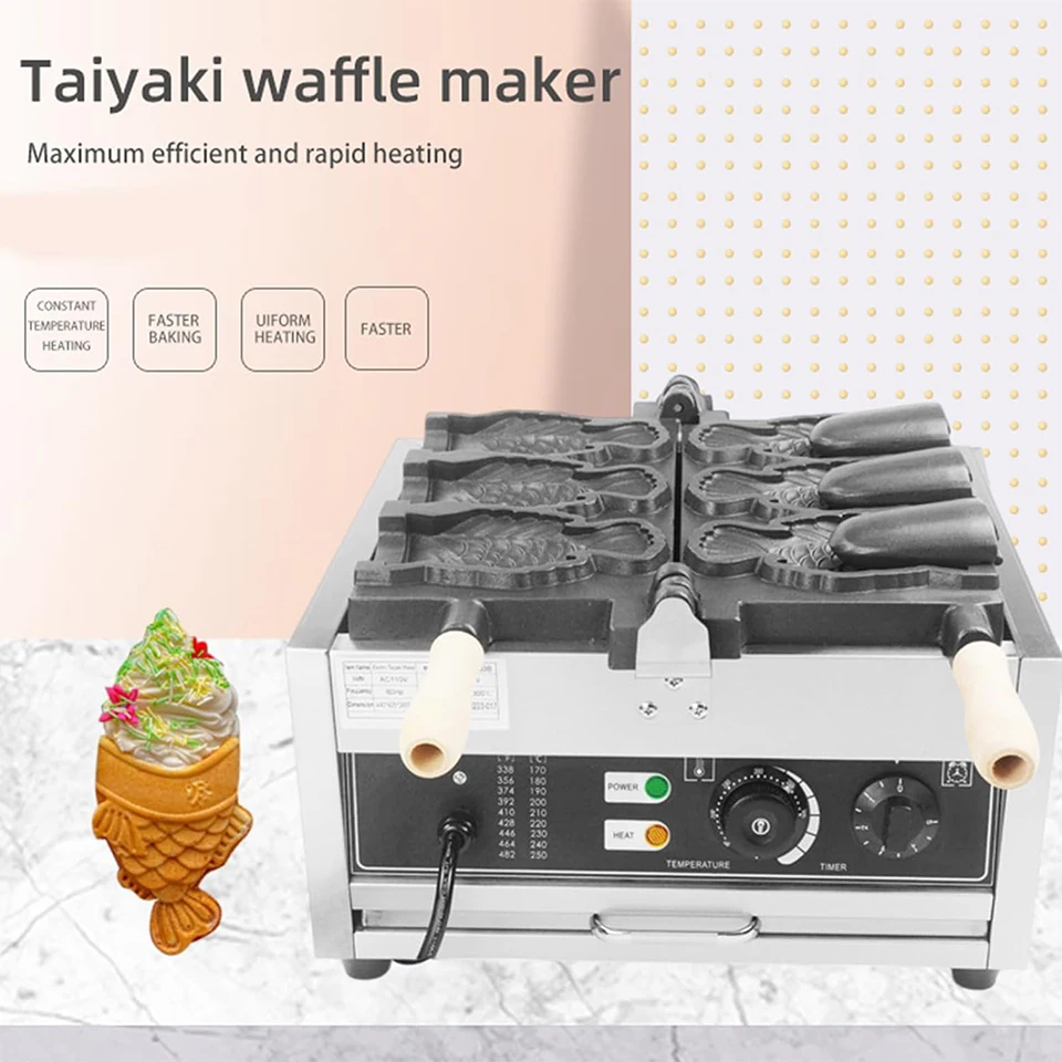 FY1101A Commercial Taiyaki Maker, Non-Stick Coated Fish-Shaped Waffle Iron, 180° Flip Stainless Steel Snack Machine