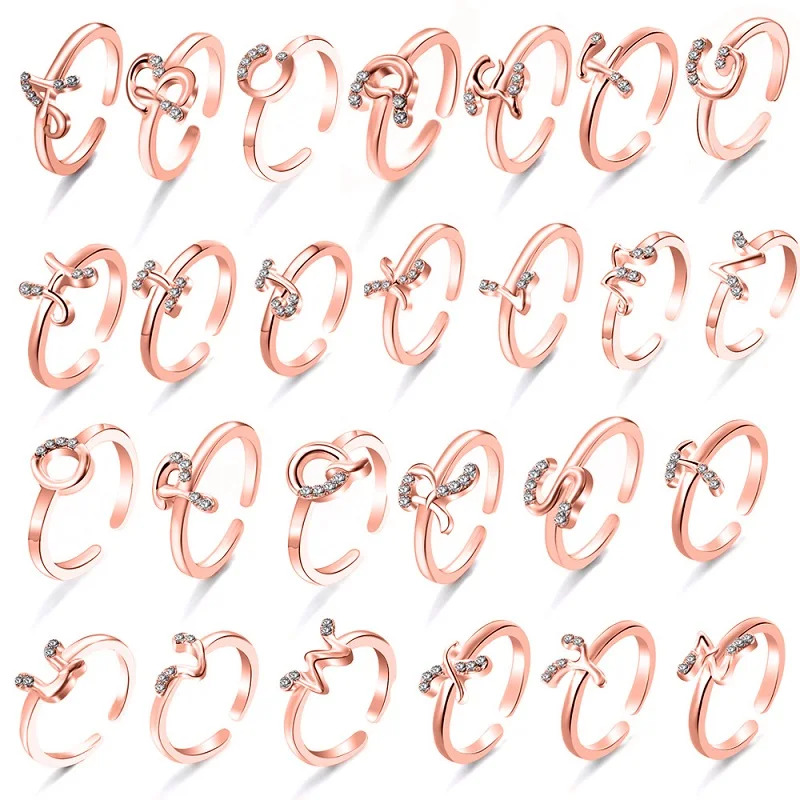 Fashion Simple Rose Gold Zirconia Rings Pave Ring For Women Initial Letter Ring