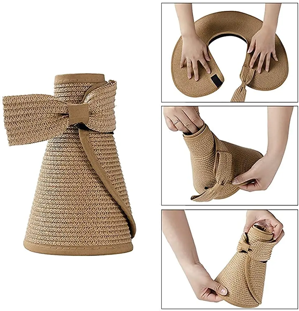 Fashion Women Wide Brim Empty Top Foldable Girl Straw Beach Hats Women Straw Summer Bow Visor Cap