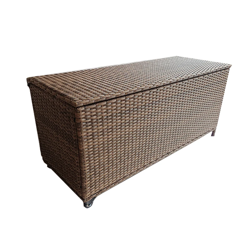 Wicker Storage Bin Metal Frame Rattan Deck Box For Indoor Or Outdoor Garden Organizer With Wheel