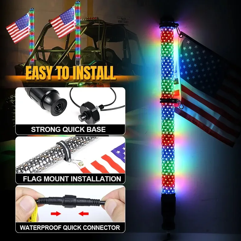 3FT Offroad Flag With Light APP Remote Control Antenna LED RGB Whip Light For UTV RZR LUZ