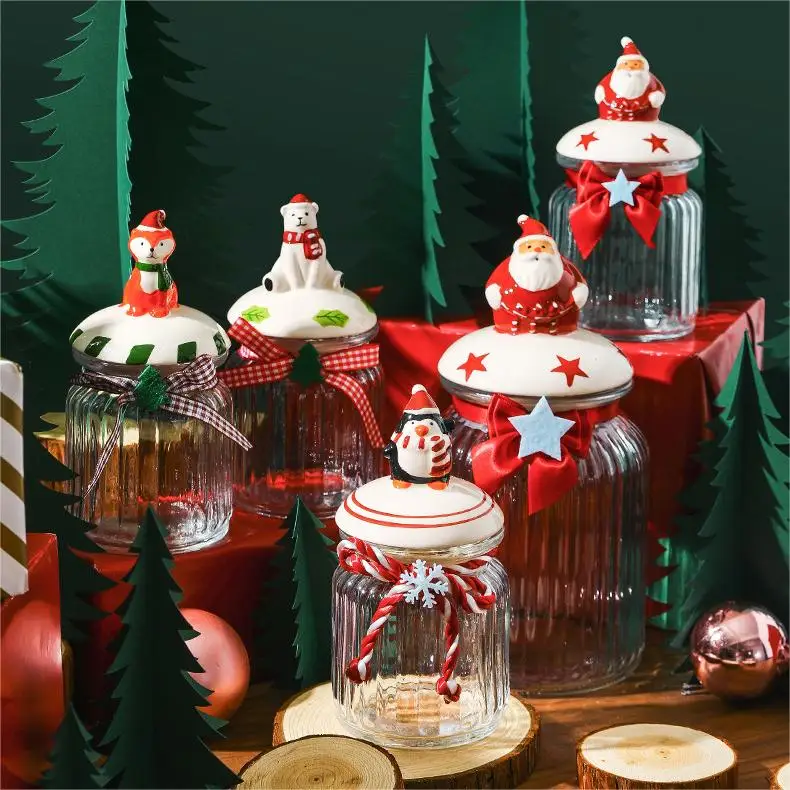 Christmas Tableware jam jar glass straight food storage jar with lid Christmas design glass storage jar