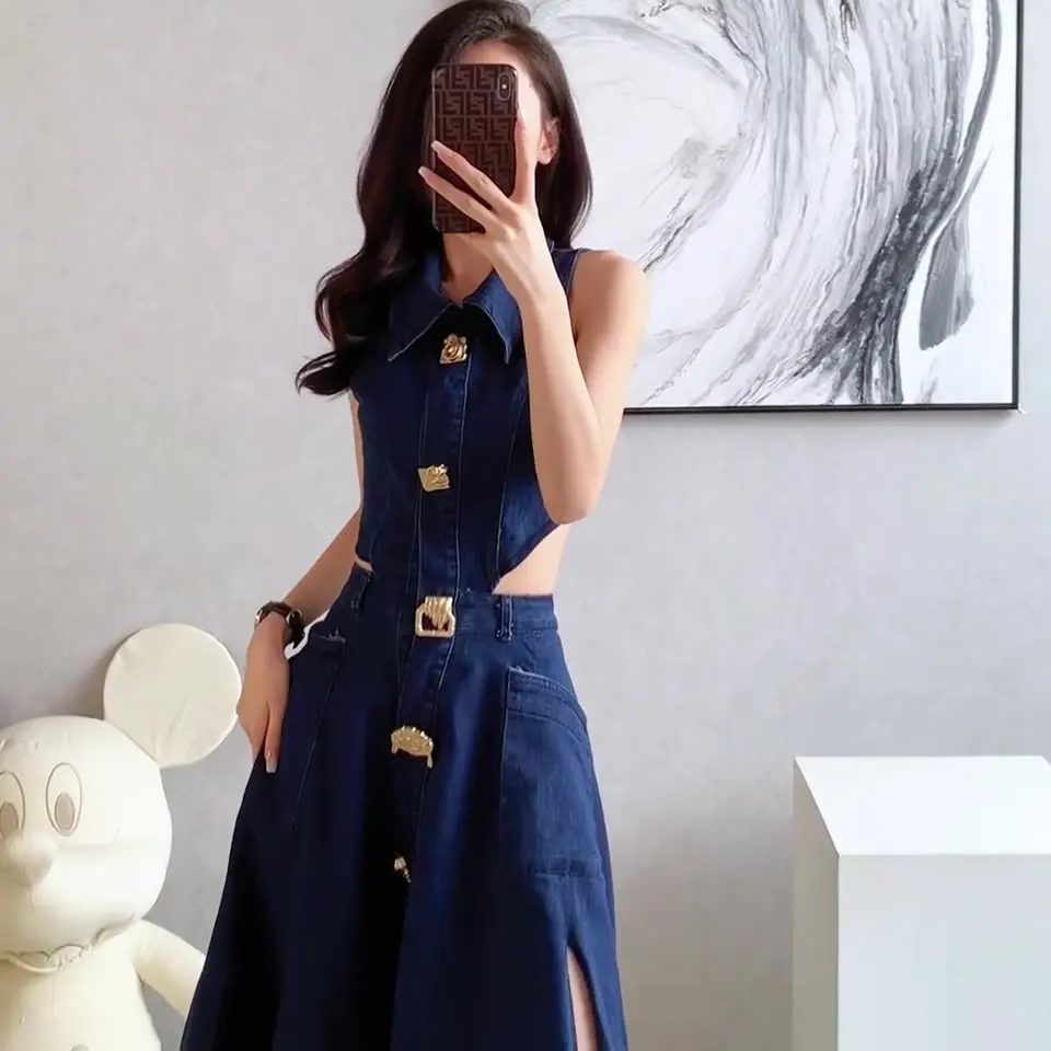 Vintage Slit Casual Midi Dress For Women Empire Hollow Out Denim Dress