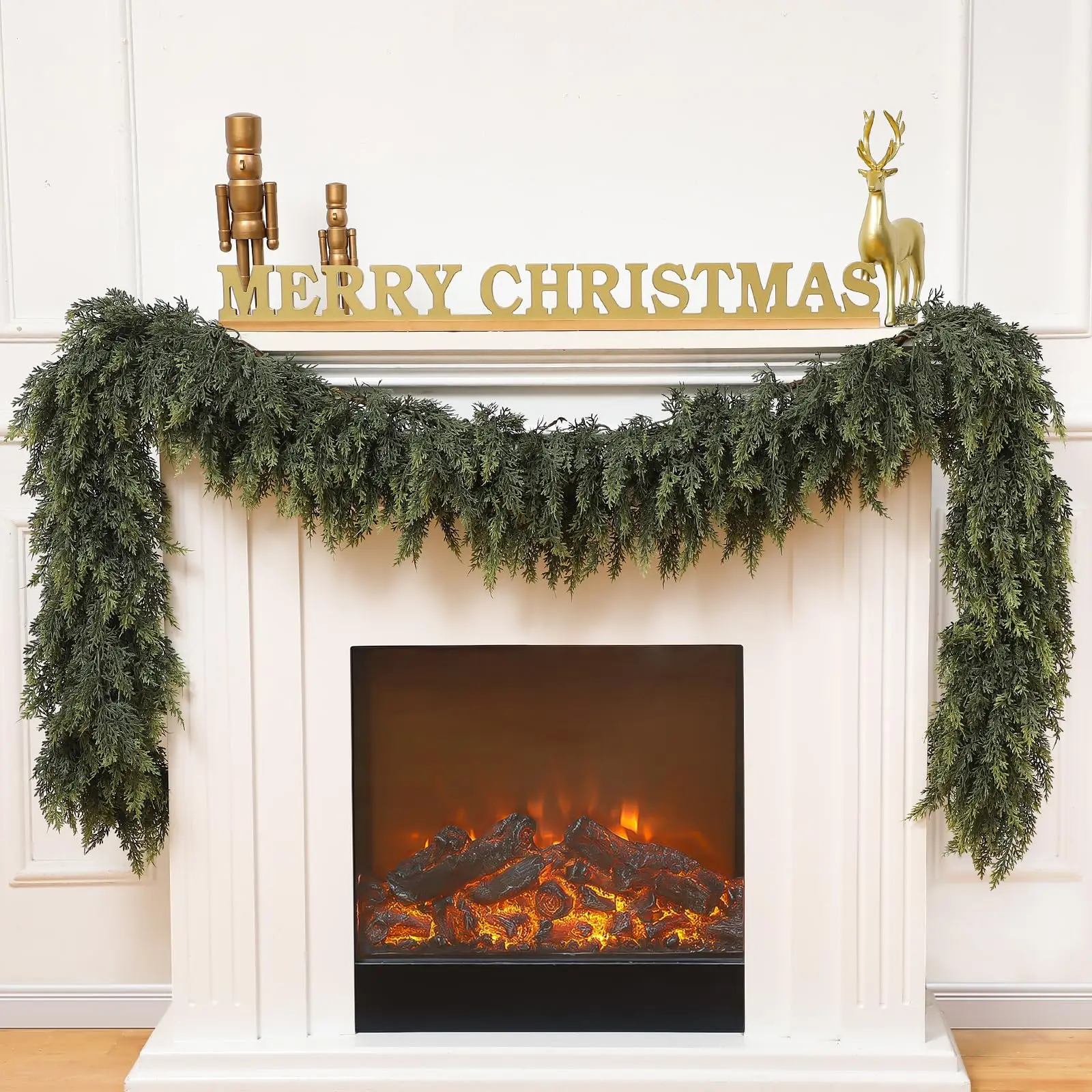 Artificial cedar wreaths with green pine needles are perfect for decorating indoor and outdoor Christmas home fireplaces