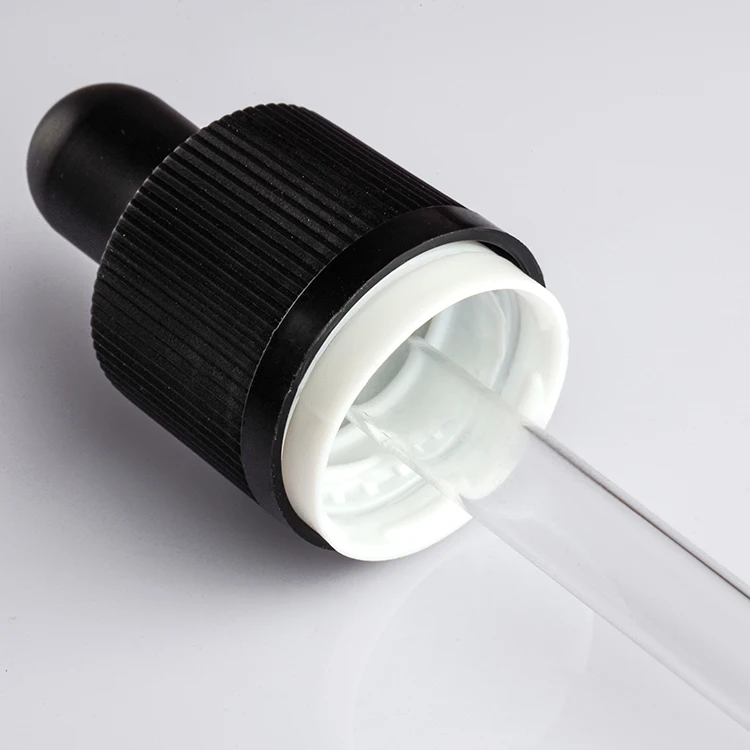 18/410 black and white ribbed essential oil bottle lid child resistant plastic dropper cap with glass pipette